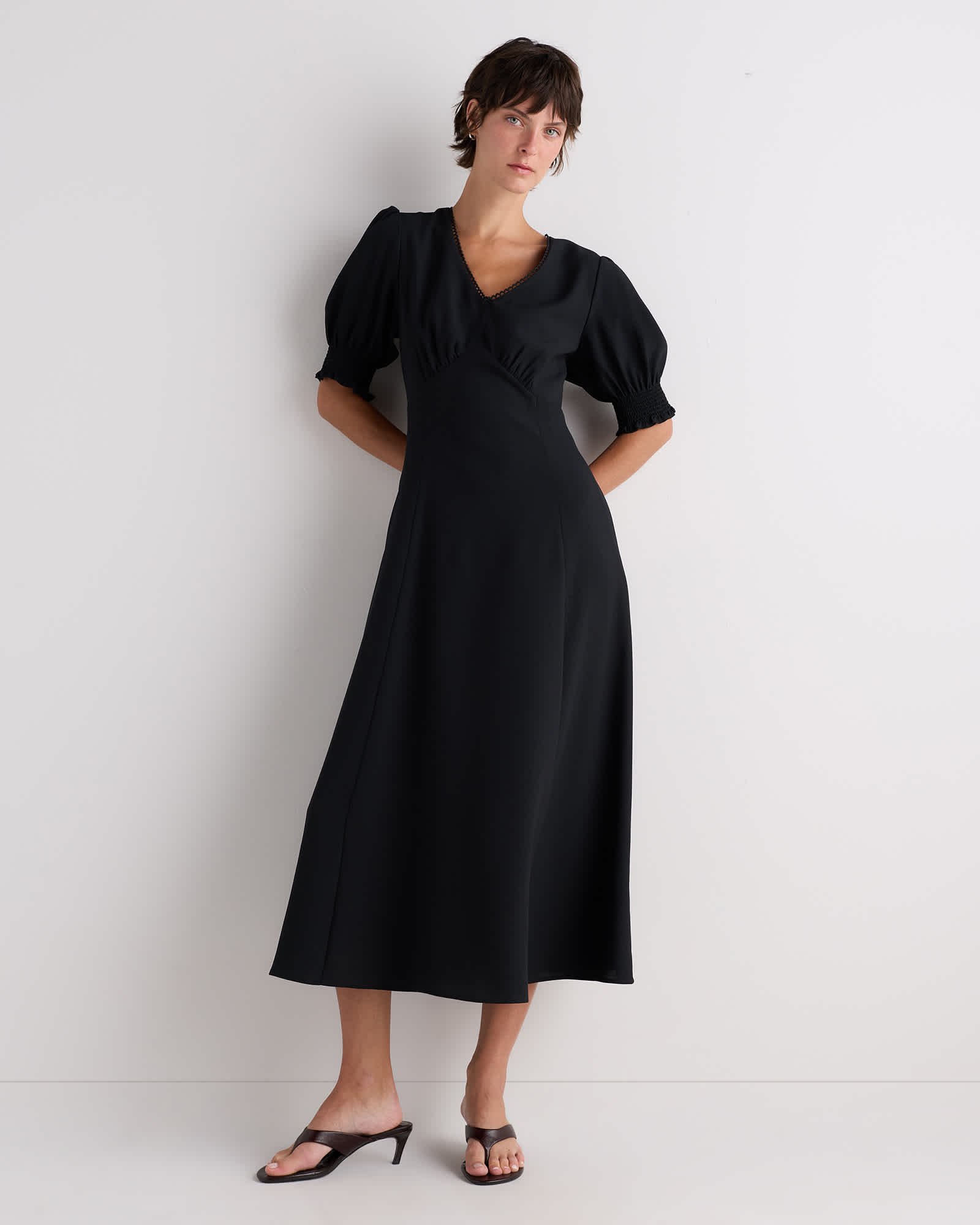 True Black Matte Crepe Puff Sleeve Midi Dress