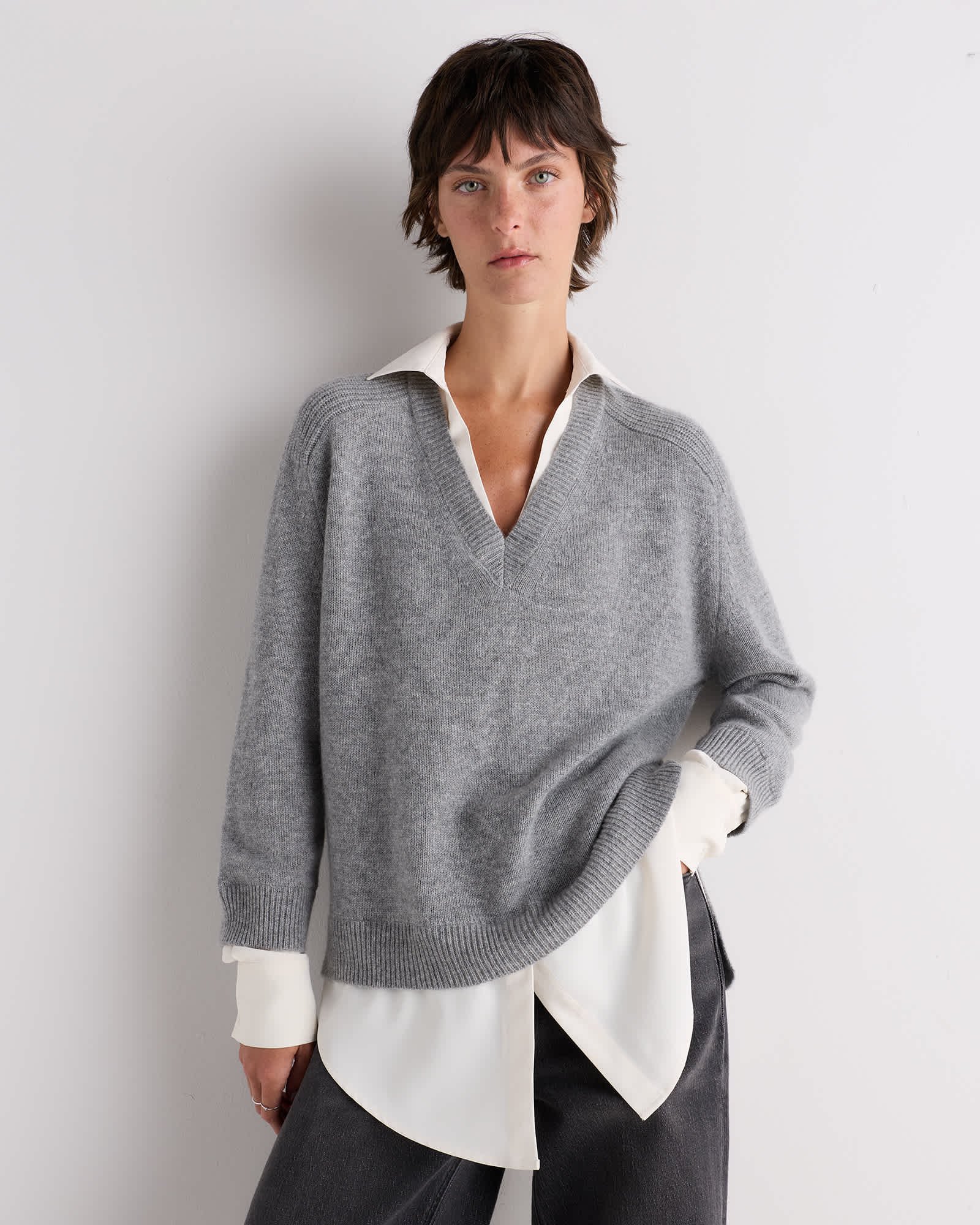 Heather Grey 100% Mongolian Cashmere Layered V-Neck Sweater