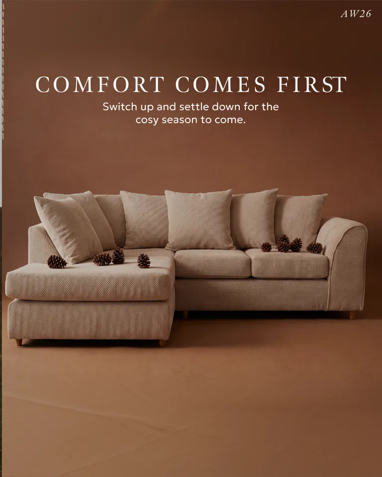 Comfort Comes First - beige sectional sofa with pine cones, cosy season advertisement AW26