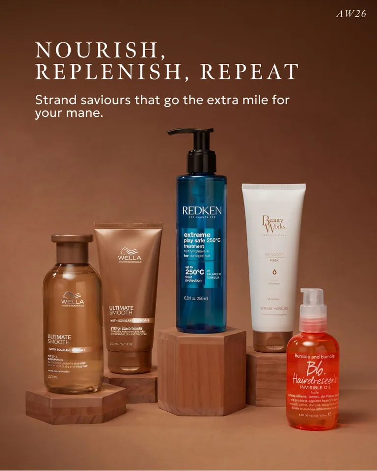 Nourish Replenish Repeat haircare products Wella Redken Beauty Works Bumble and bumble on wooden pedestals