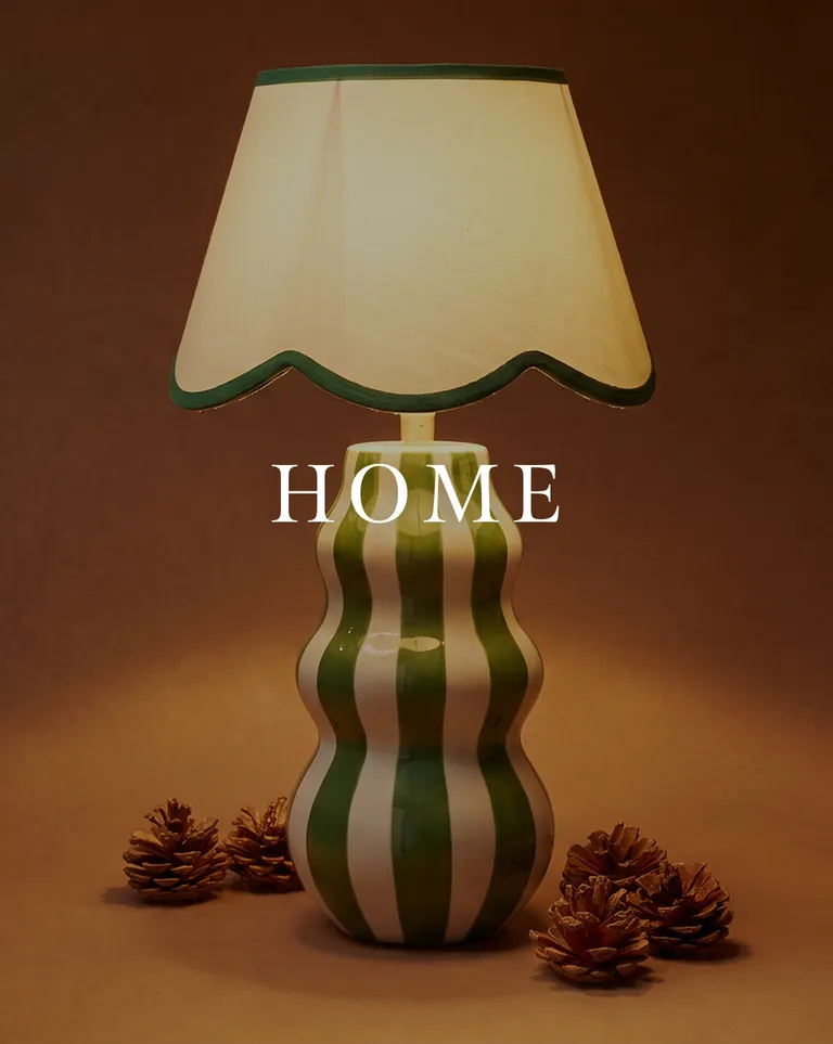 HOME decor green striped ceramic lamp scalloped shade pine cones