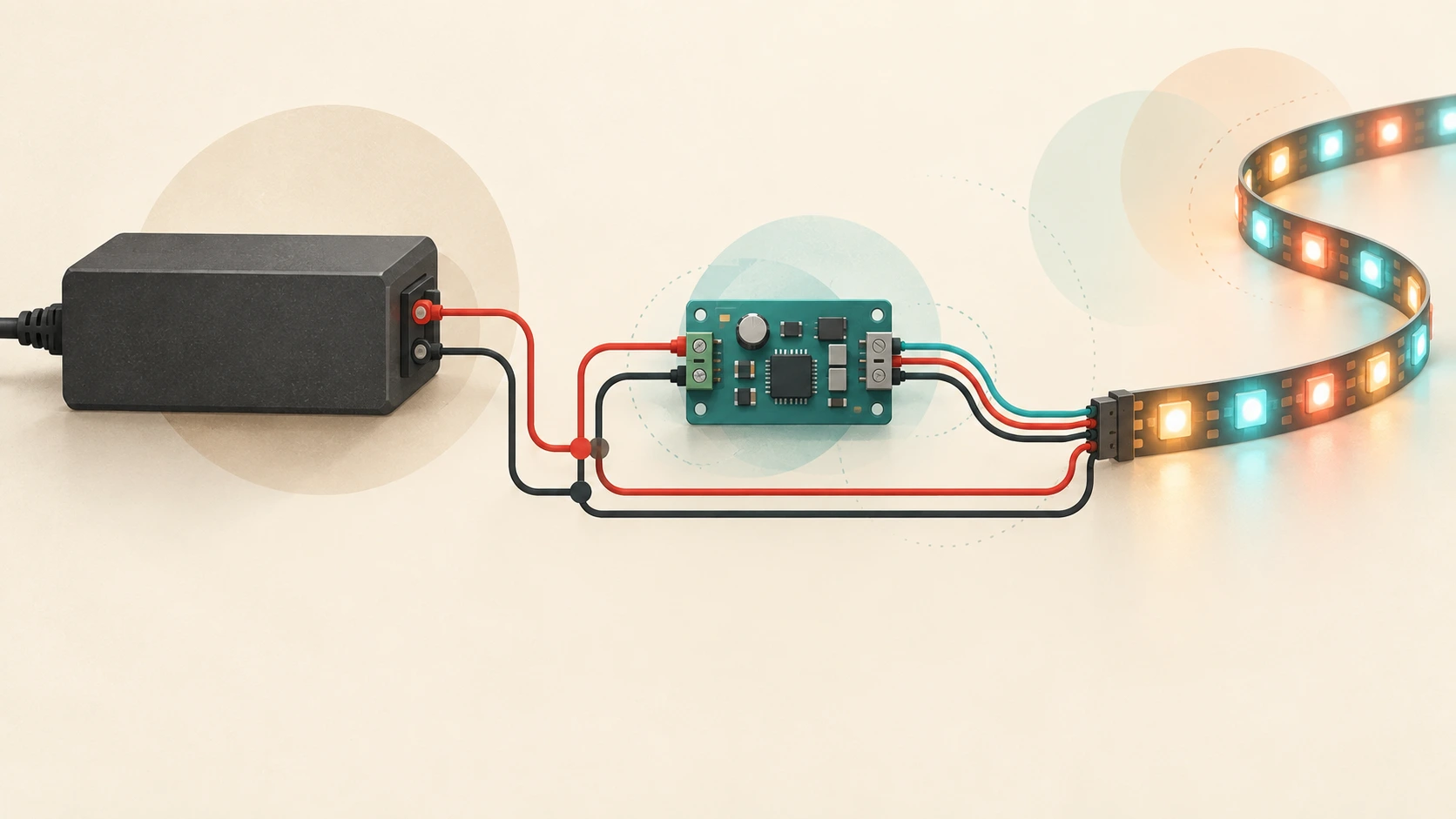 Ảnh minh họa: addressable LED strip controller power supply compatibility diagram