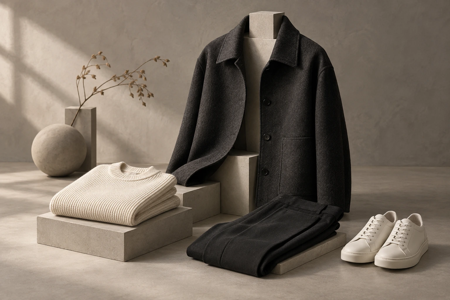 Ảnh minh họa: minimalist contemporary clothing product photo arranged on a neutral studio background