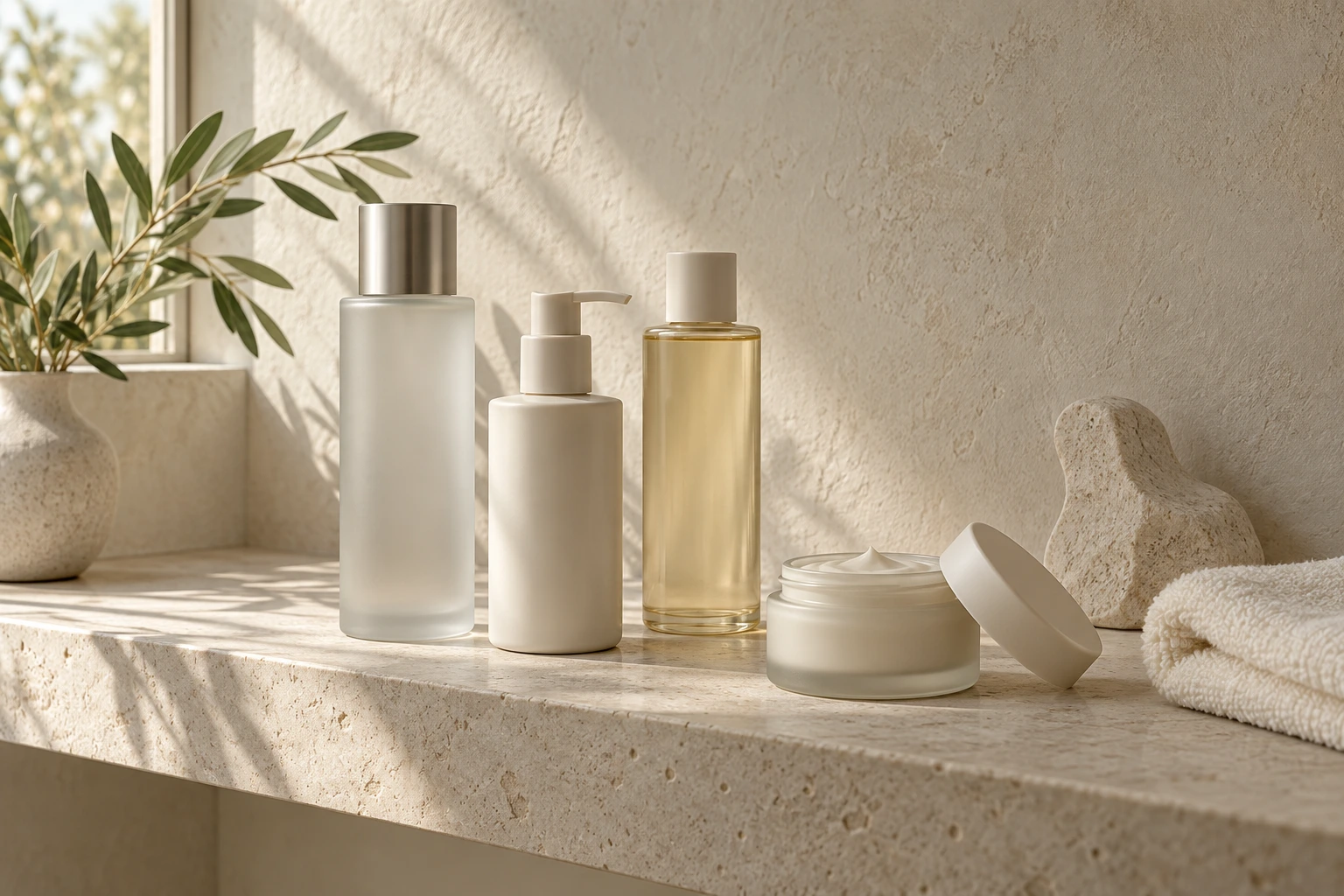 Ảnh minh họa: photorealistic unbranded skincare bottles and moisturiser jar bathroom shelf still life