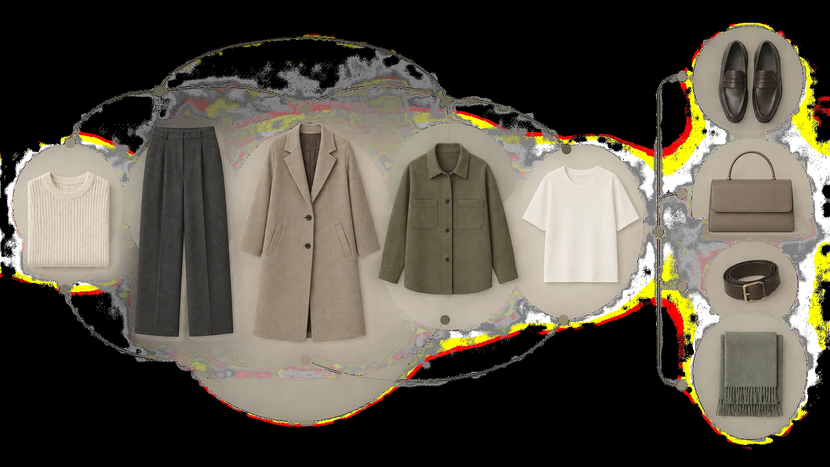 Ảnh minh họa: minimalist wardrobe capsule infographic with neutral clothing layers and accessory categories