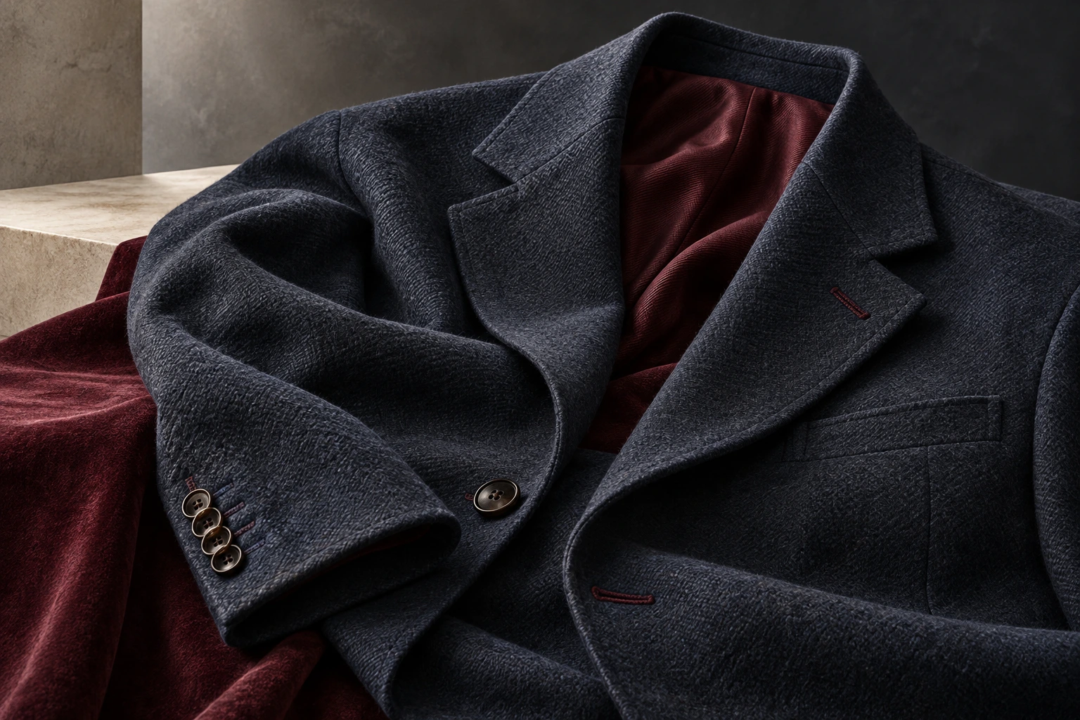 Ảnh minh họa: close-up product photo of blazer lapel sleeve and garment seams