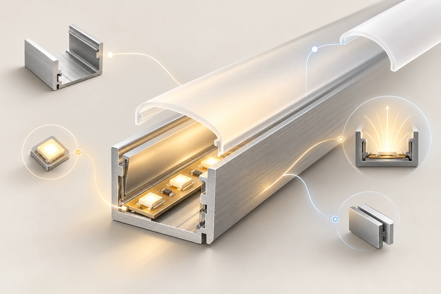 Ảnh minh họa: LED strip aluminum channel diffuser cross section product photo