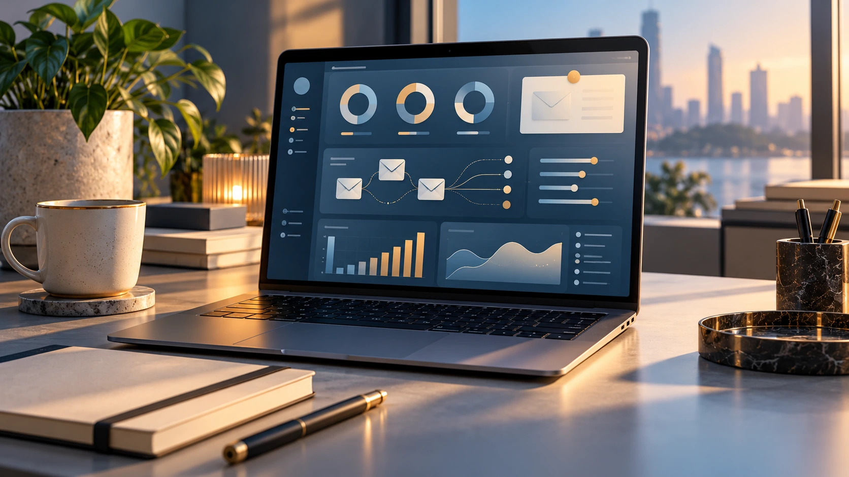 Ảnh minh họa: realistic cold email outreach campaign dashboard on a laptop screen, modern SaaS interface, professional office setting