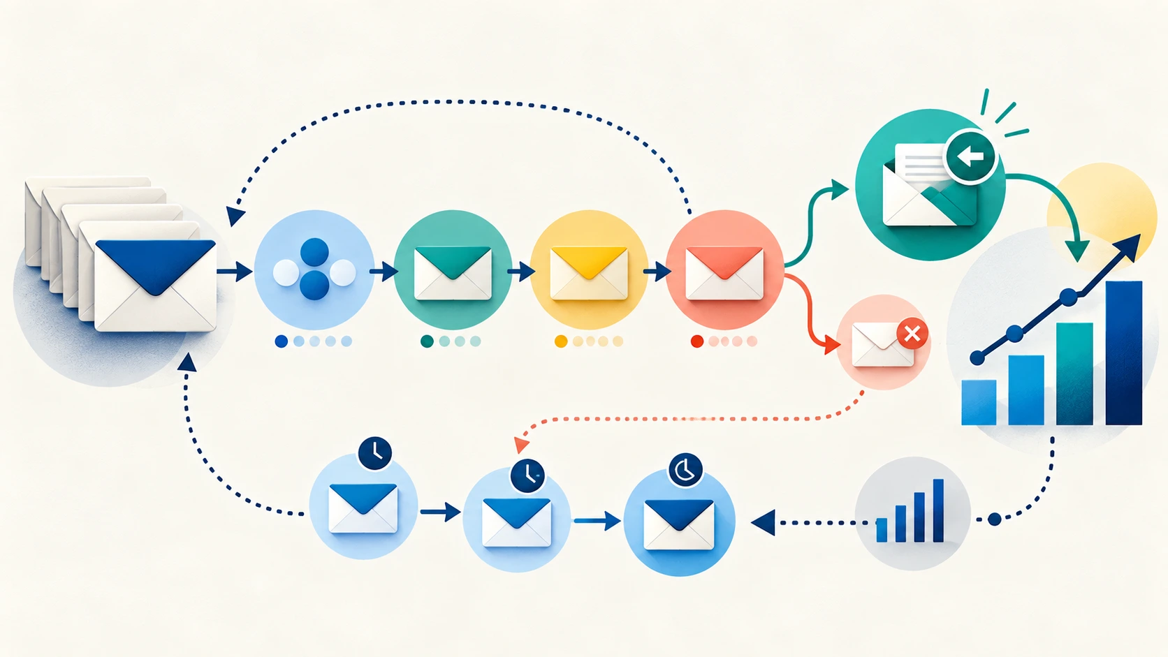 Ảnh minh họa: email campaign workflow diagram with prospect stages, follow-ups, replies, and analytics, clean business infographic