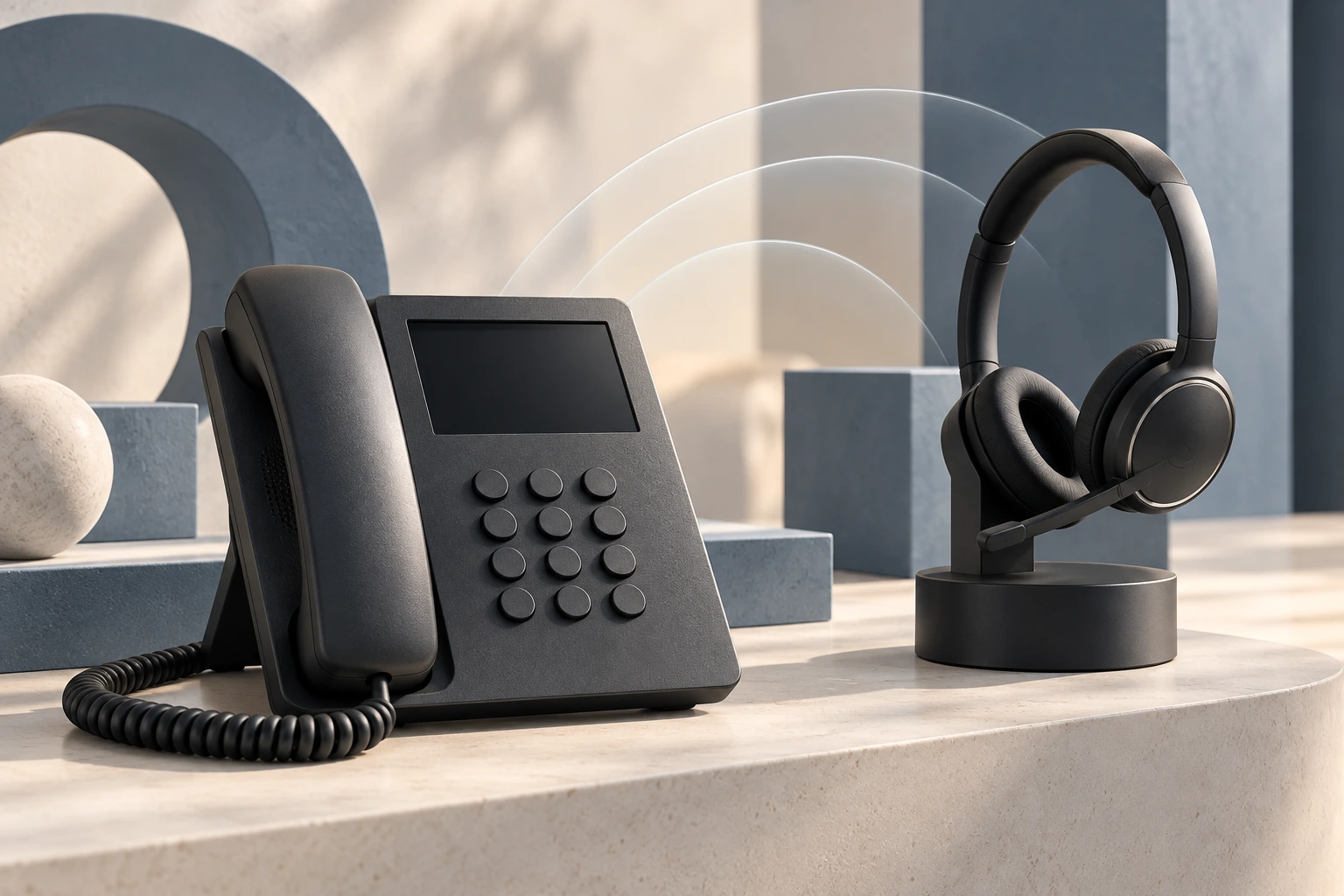 Ảnh minh họa: business VoIP desk phone and wireless headset product photo