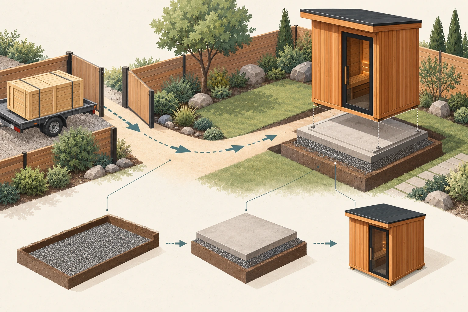 Ảnh minh họa: backyard sauna foundation and delivery access diagram